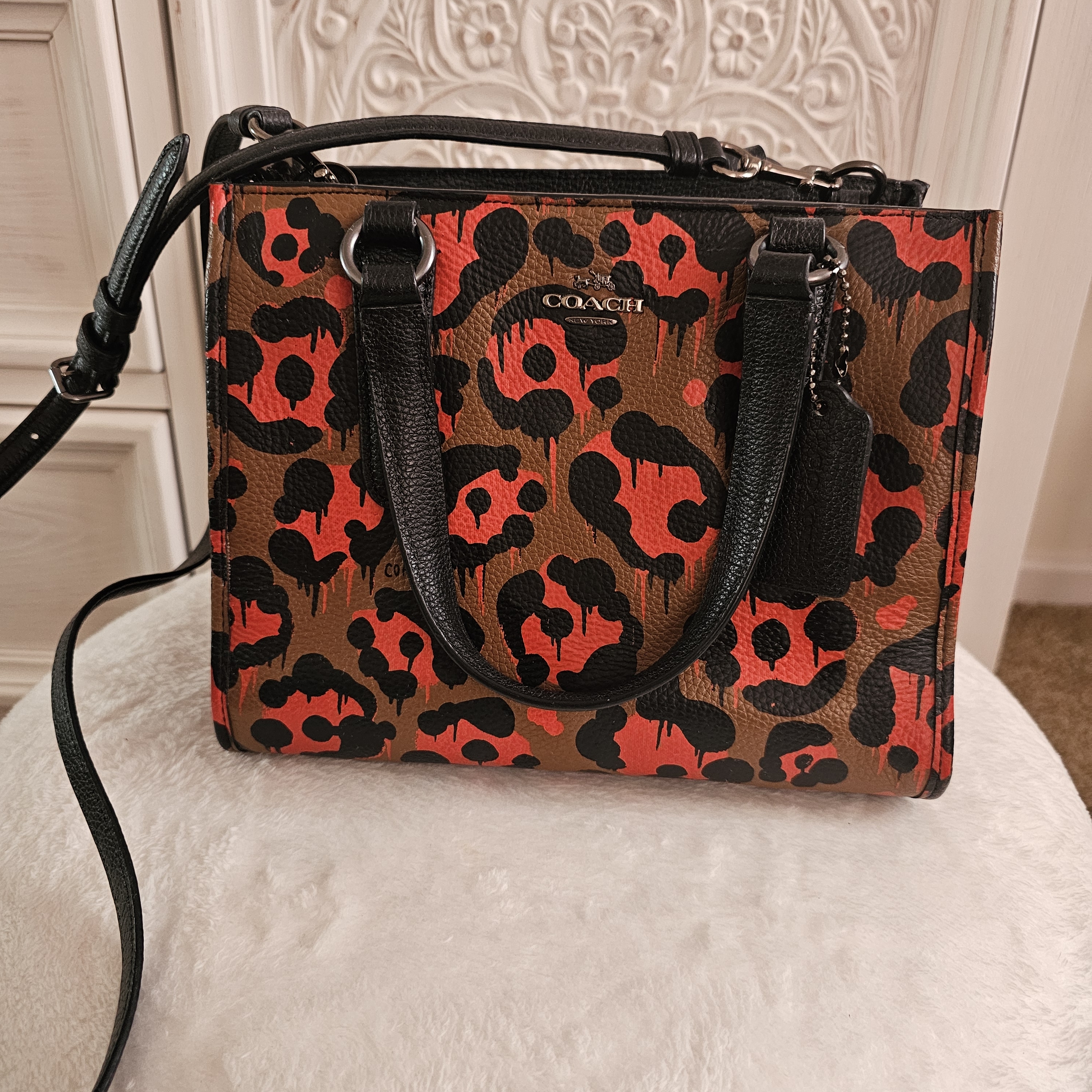 Coach Mini Satchel In Red, Brown And Black Leopard Print
